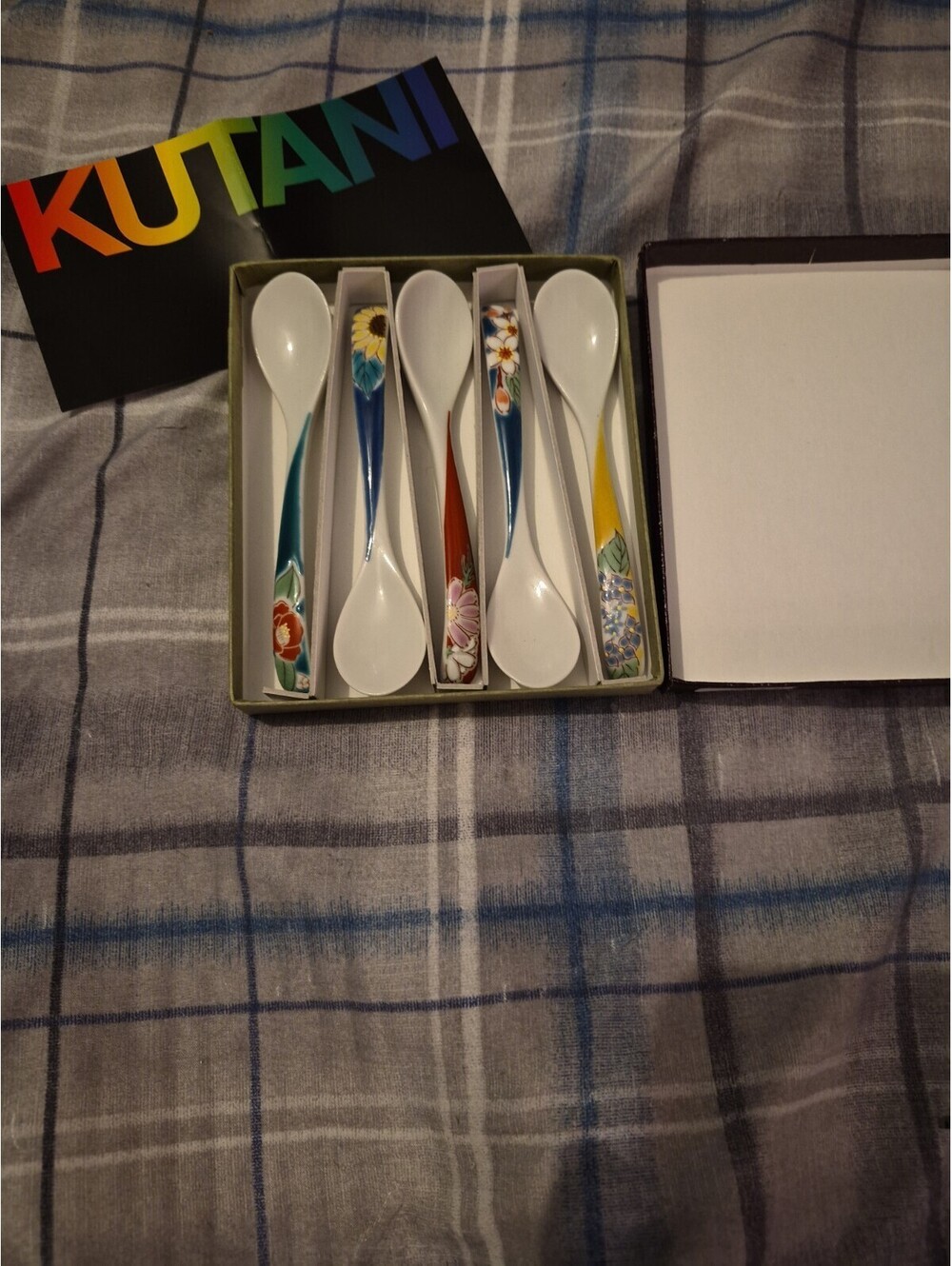 Kutani Floral Soup Spoon Set of 5 Japanese Porcelain Renge Spoons